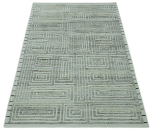 Ivory, Silver and Charcoal Modern Geometrical Puzzle Design hand knotted Custom Made wool Area Rug