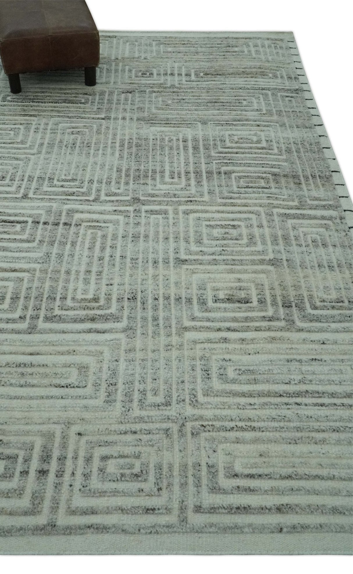 Ivory, Silver and Charcoal Modern Geometrical Puzzle Design hand knotted Custom Made wool Area Rug