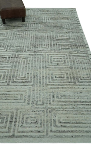 Ivory, Silver and Charcoal Modern Geometrical Puzzle Design hand knotted Custom Made wool Area Rug