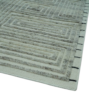 Ivory, Silver and Charcoal Modern Geometrical Puzzle Design hand knotted Custom Made wool Area Rug