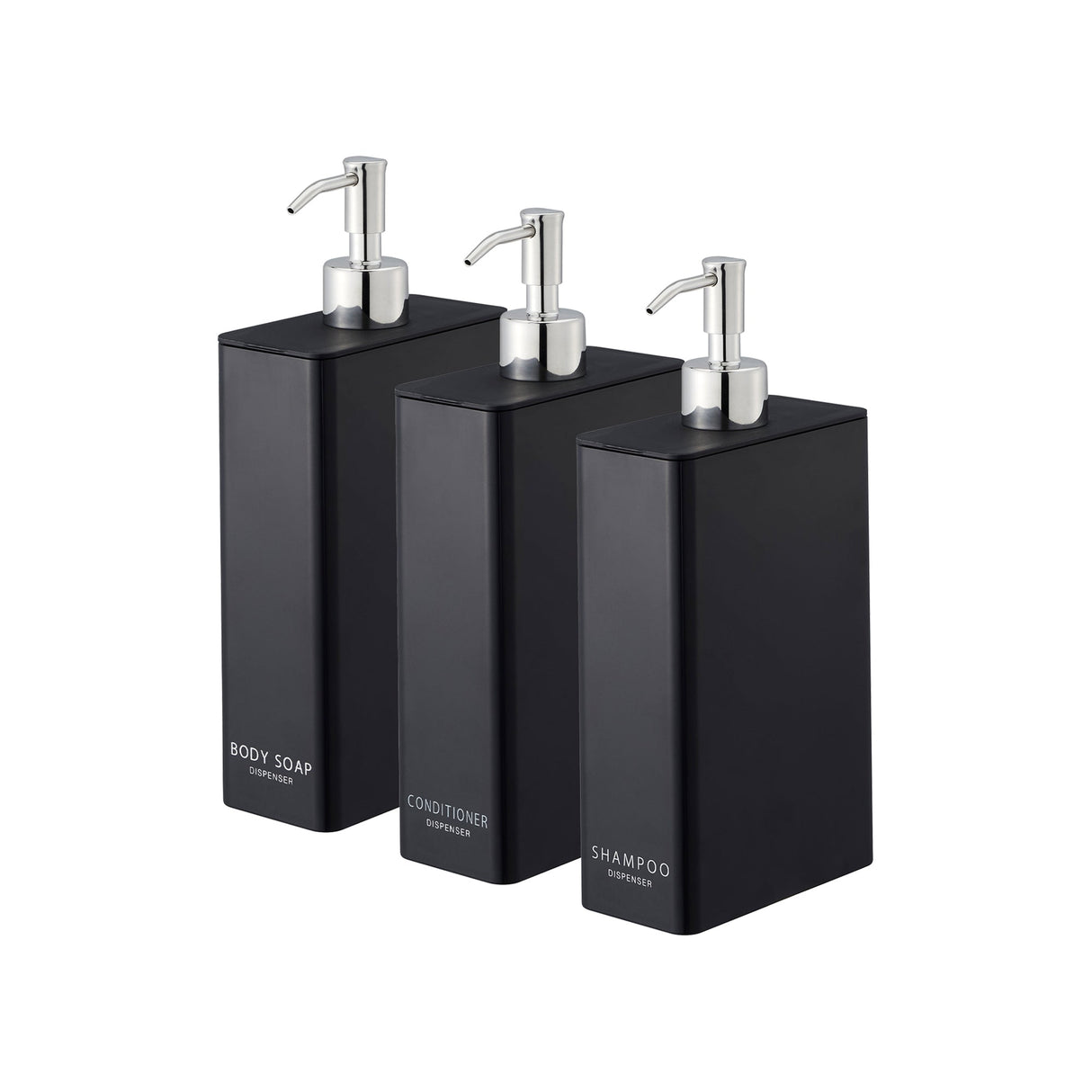 Ensemble distributeur rectangulaire : shampoing, après-shampoing et savon pour le corps