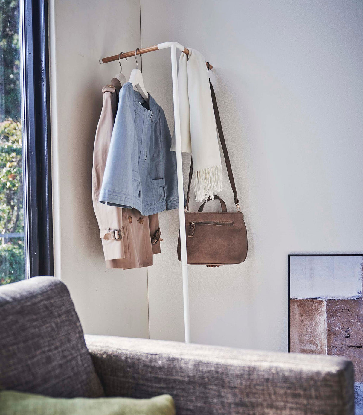 Corner Leaning Coat Hanger (63" H)  - Steel + Wood