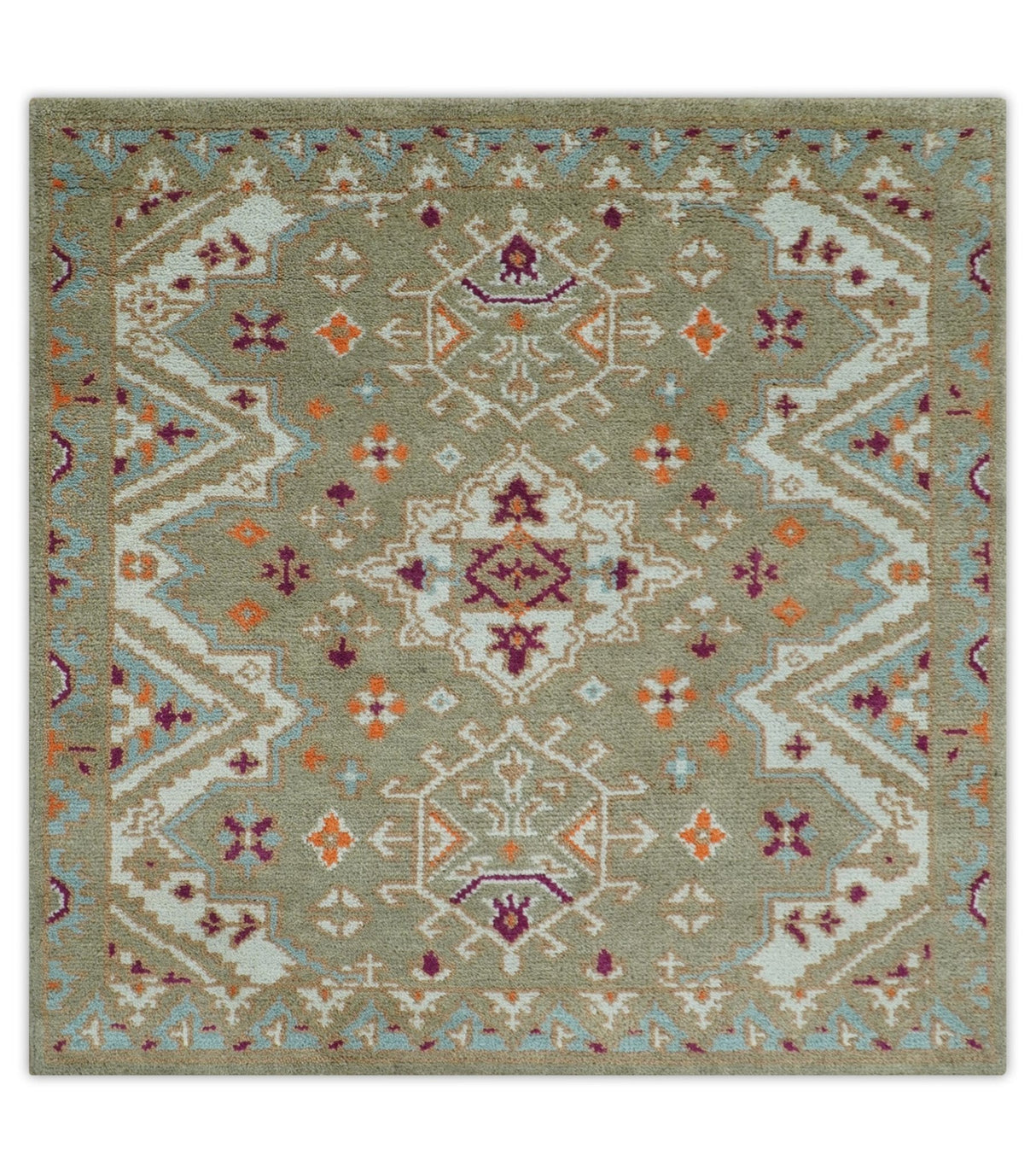 Light Green, Ivory and Maroon Traditional Hand knotted Custom Made wool Area Rug