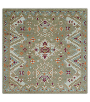 Light Green, Ivory and Maroon Traditional Hand knotted Custom Made wool Area Rug