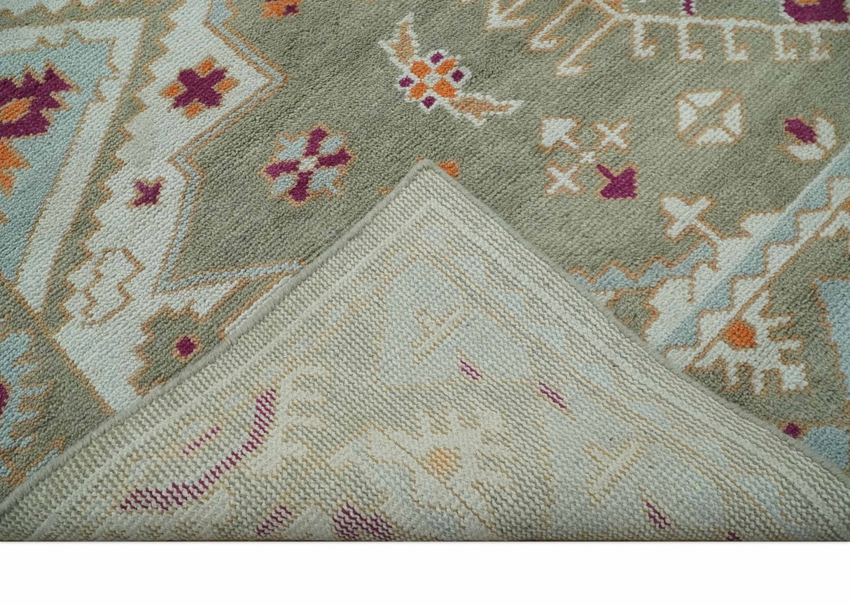 Light Green, Ivory and Maroon Traditional Hand knotted Custom Made wool Area Rug
