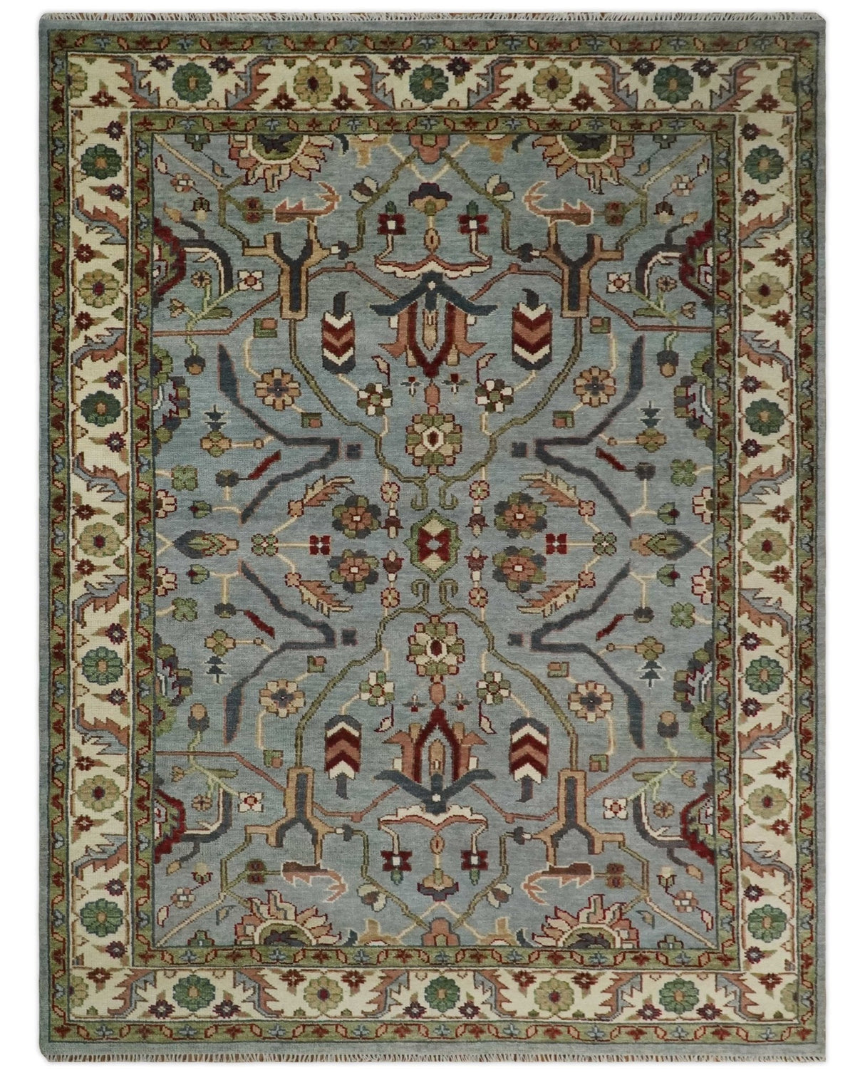 Custom Made Living Room Rug Hand Knotted Silver, Olive and Ivory Traditional Oriental Oushak Wool Rug