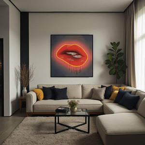 Red Lips LED Wall Art | Lip Biting Red LED Canvas with Paint Drip