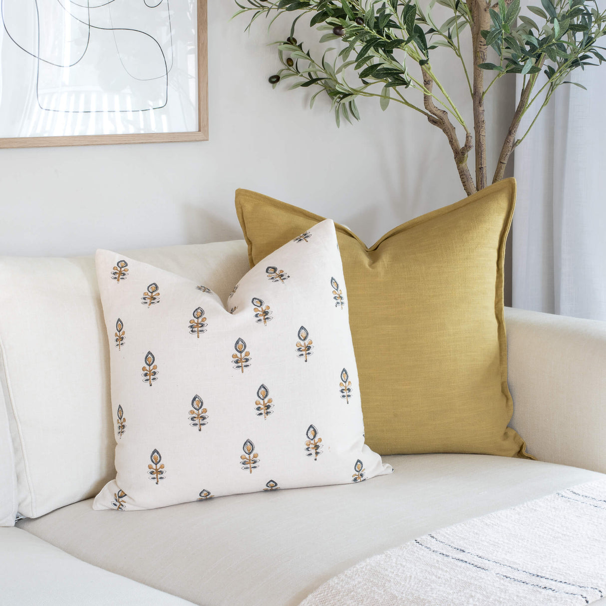 Marla Floral Block Printed Pillow Cover | Blue and Mustard