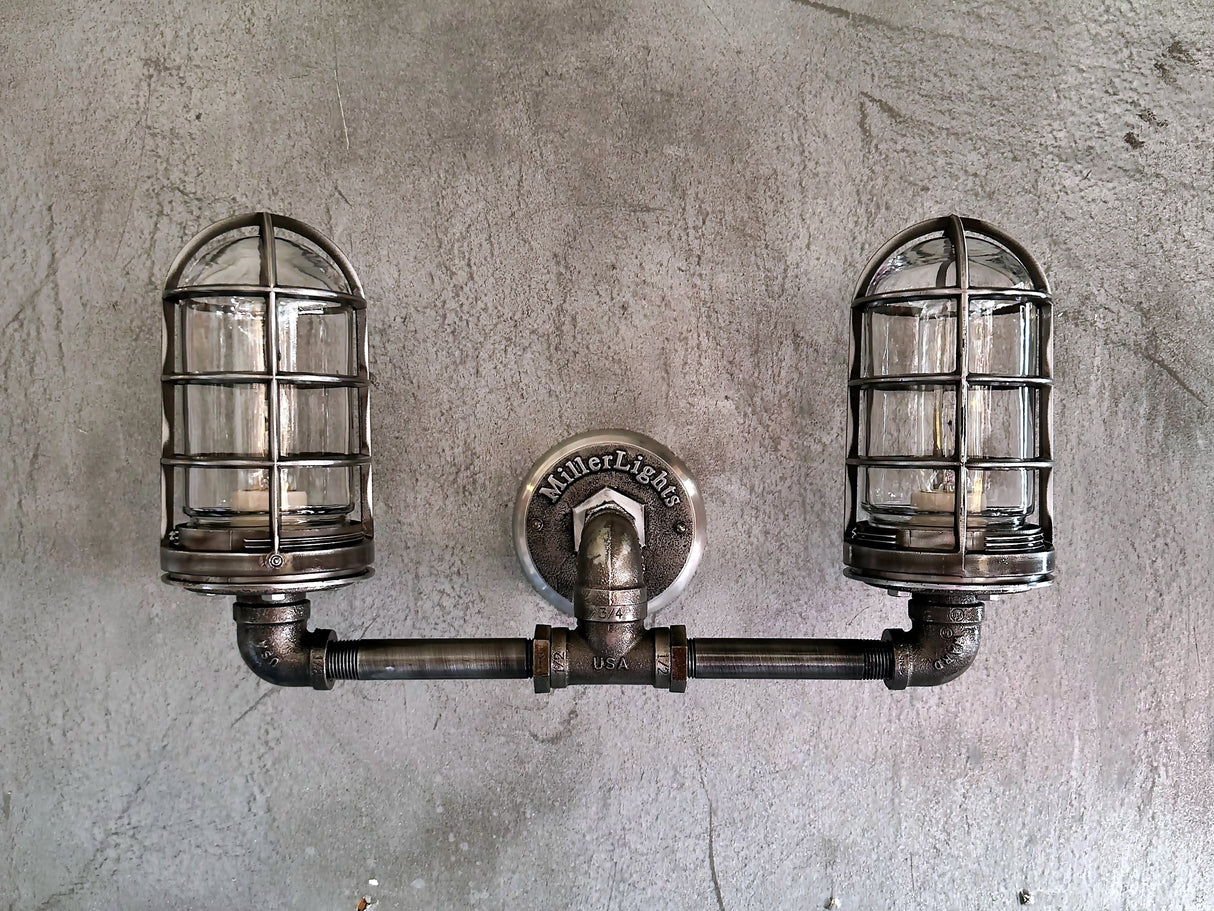 Black Pipe Light - Double Cage Industrial Wall Sconce - The Ironforge