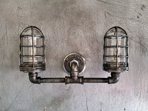 Black Pipe Light - Double Cage Industrial Wall Sconce - The Ironforge