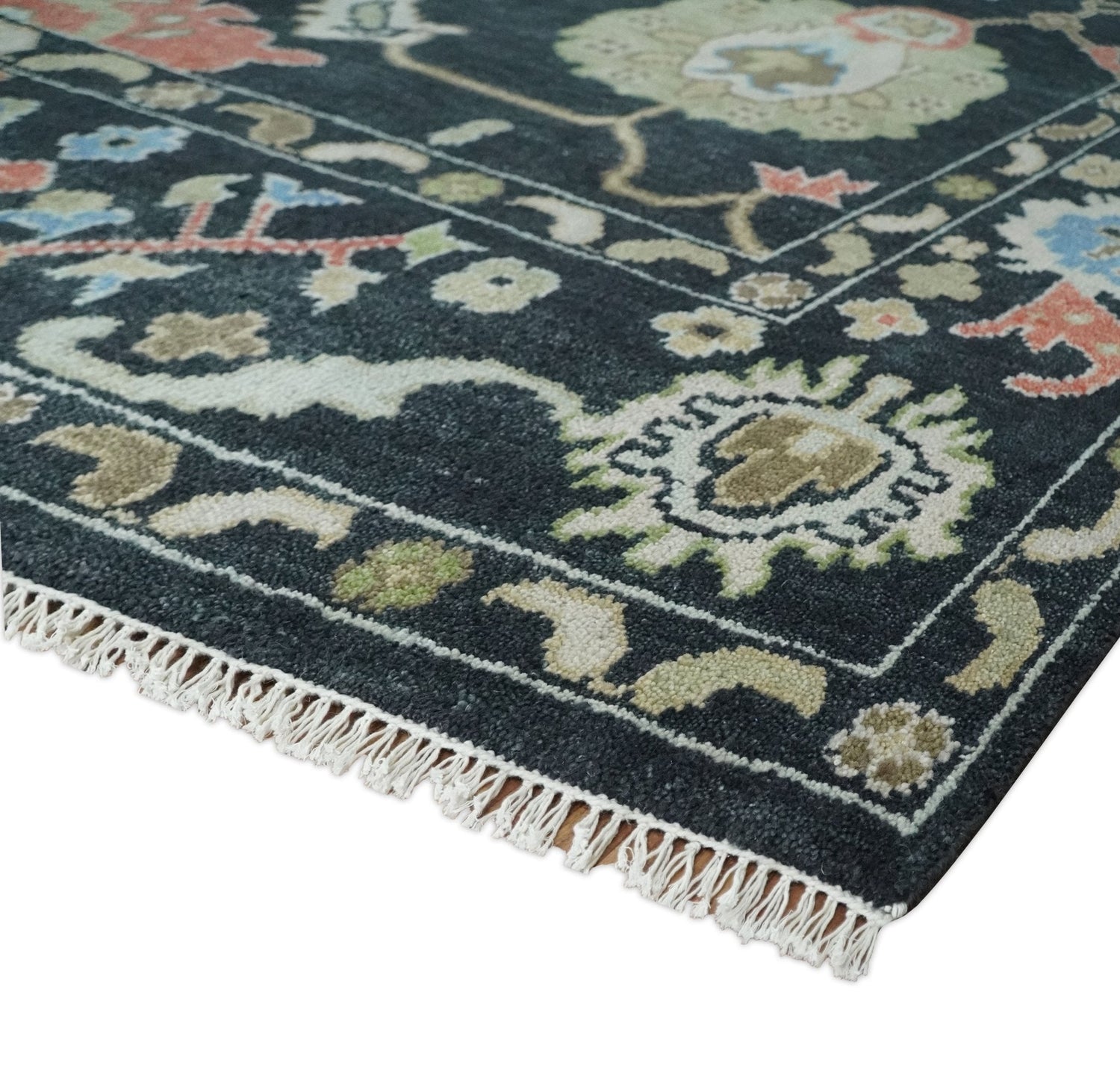 Modern Hand Knotted Black and Multicolor Traditional Oushak Custom Made Wool Area Rug