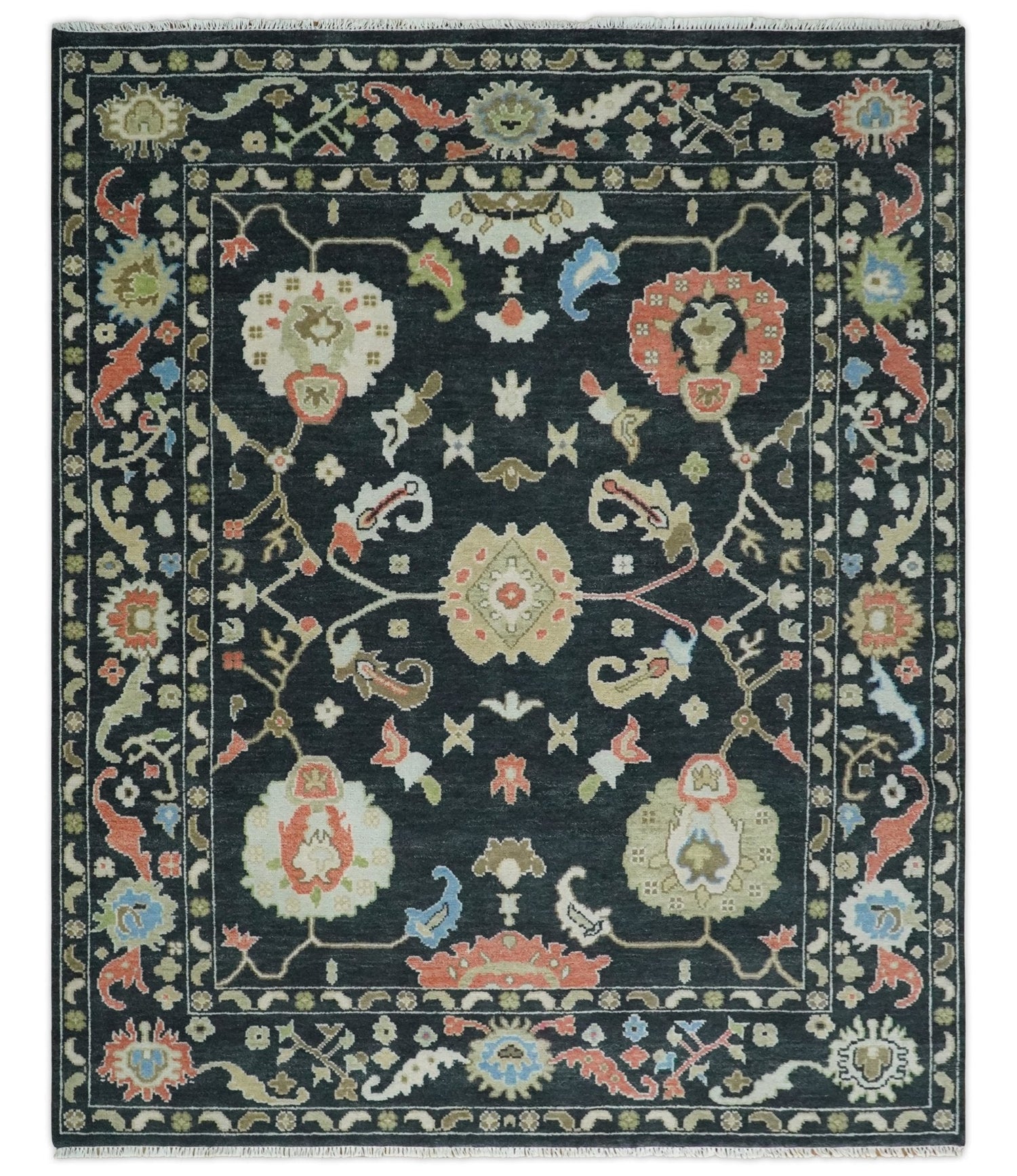 Modern Hand Knotted Black and Multicolor Traditional Oushak Custom Made Wool Area Rug