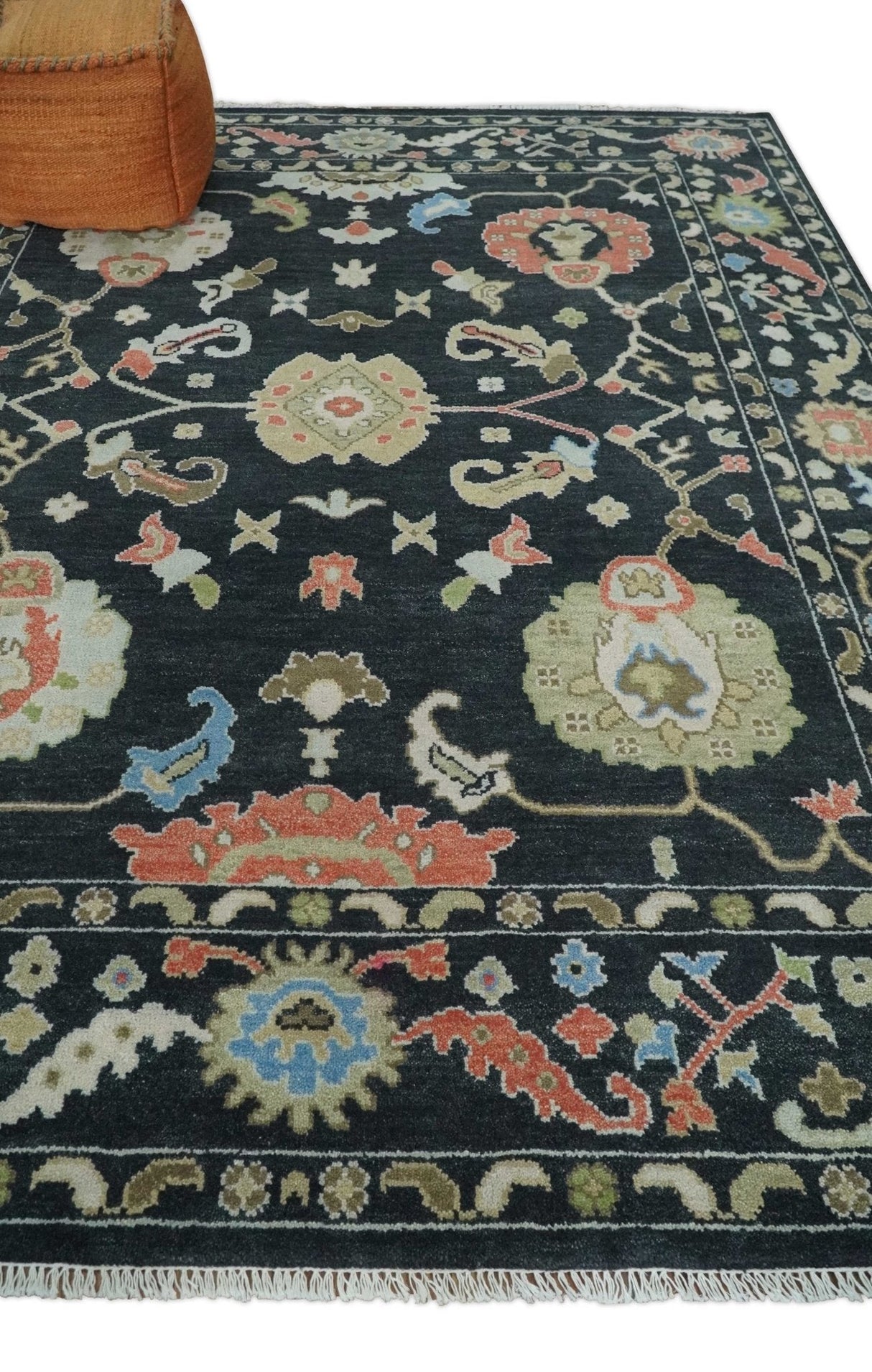 Modern Hand Knotted Black and Multicolor Traditional Oushak Custom Made Wool Area Rug