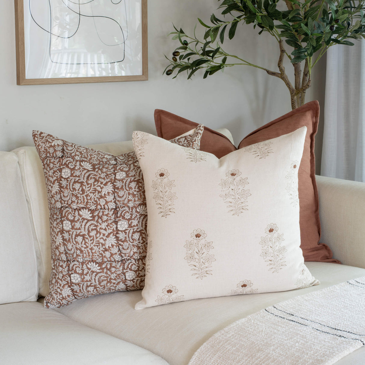 Nina Floral Block Printed Pillow Cover | Brown