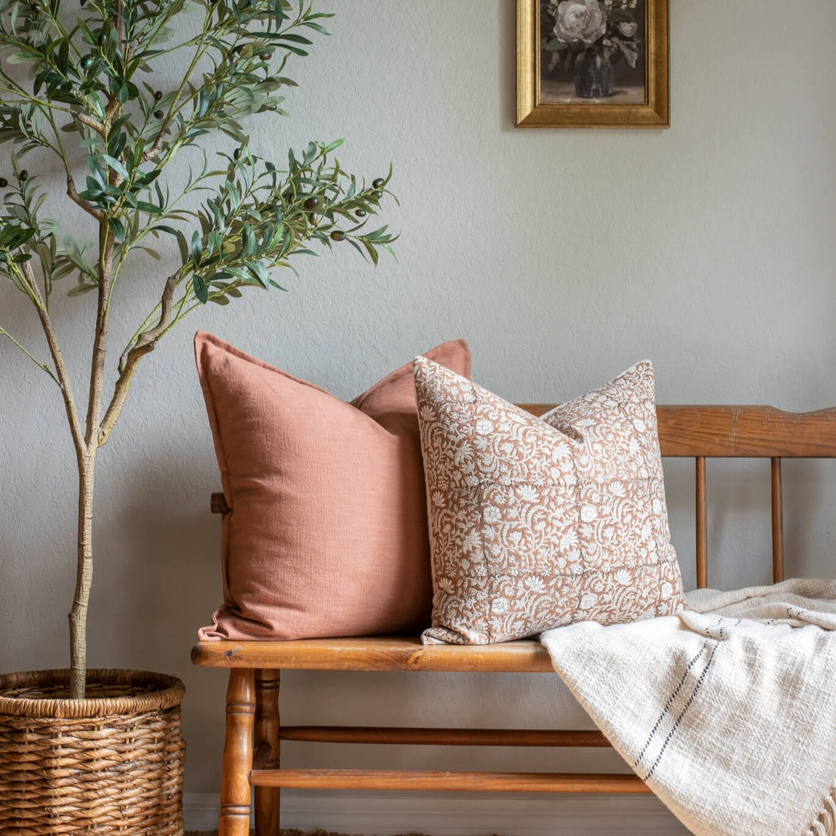 Nina Floral Block Printed Pillow Cover | Brown