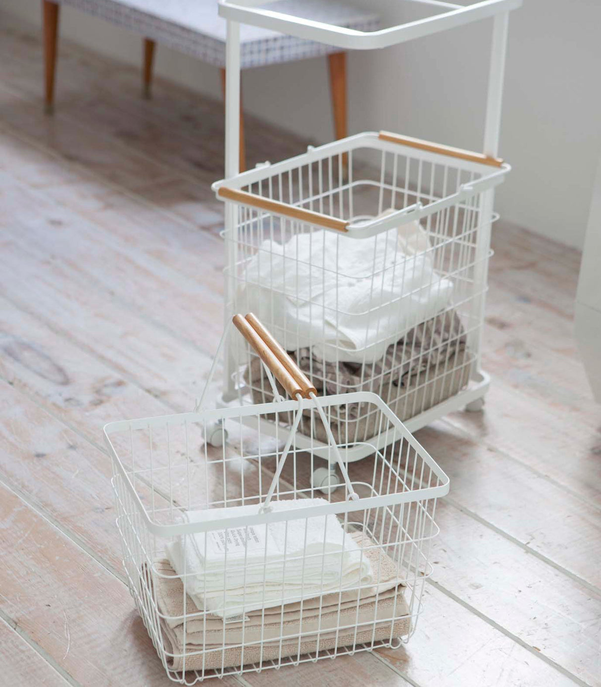 Rolling Laundry Cart + Wire Baskets (38" H)  - Steel + Wood