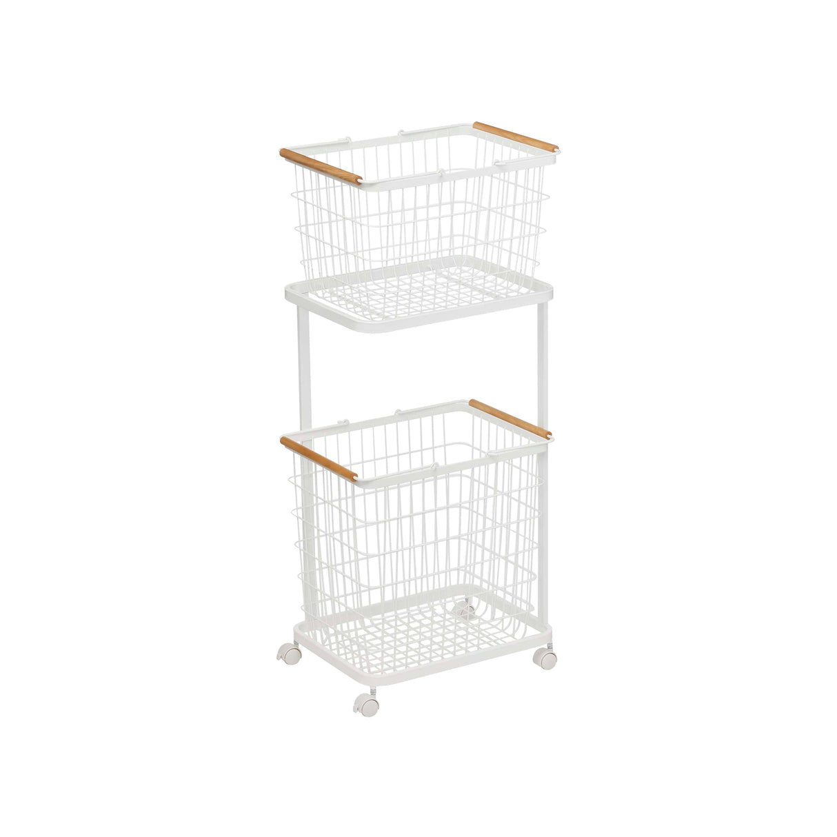 Rolling Laundry Cart + Wire Baskets (38" H)  - Steel + Wood