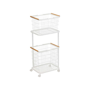 Rolling Laundry Cart + Wire Baskets (38" H)  - Steel + Wood
