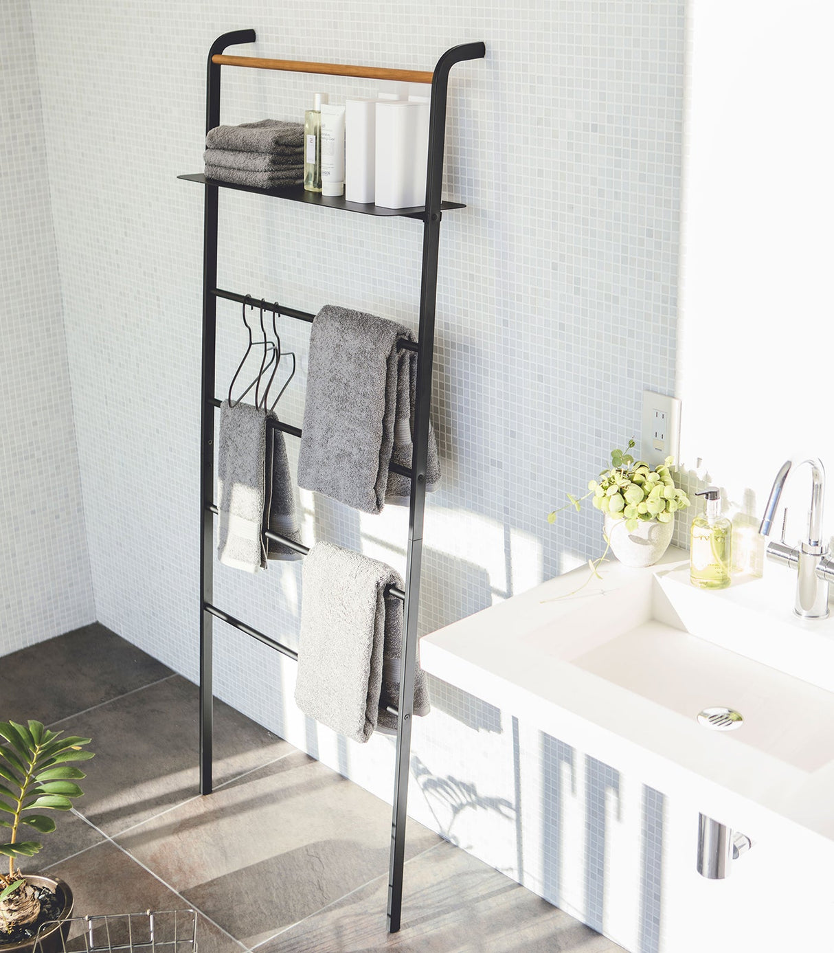 Leaning Storage Ladder With Shelf (63" H)  - Steel