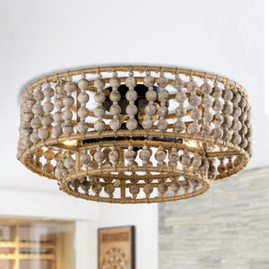 Farmhouse 3-Light Wood Beaded Flush Mount Ceiling Lights
