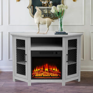 45" Corner Electric Fireplace TV Stands Console Table with 2 Metal Mesh Doors