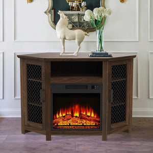 45" Corner Electric Fireplace TV Stands Console Table with 2 Metal Mesh Doors