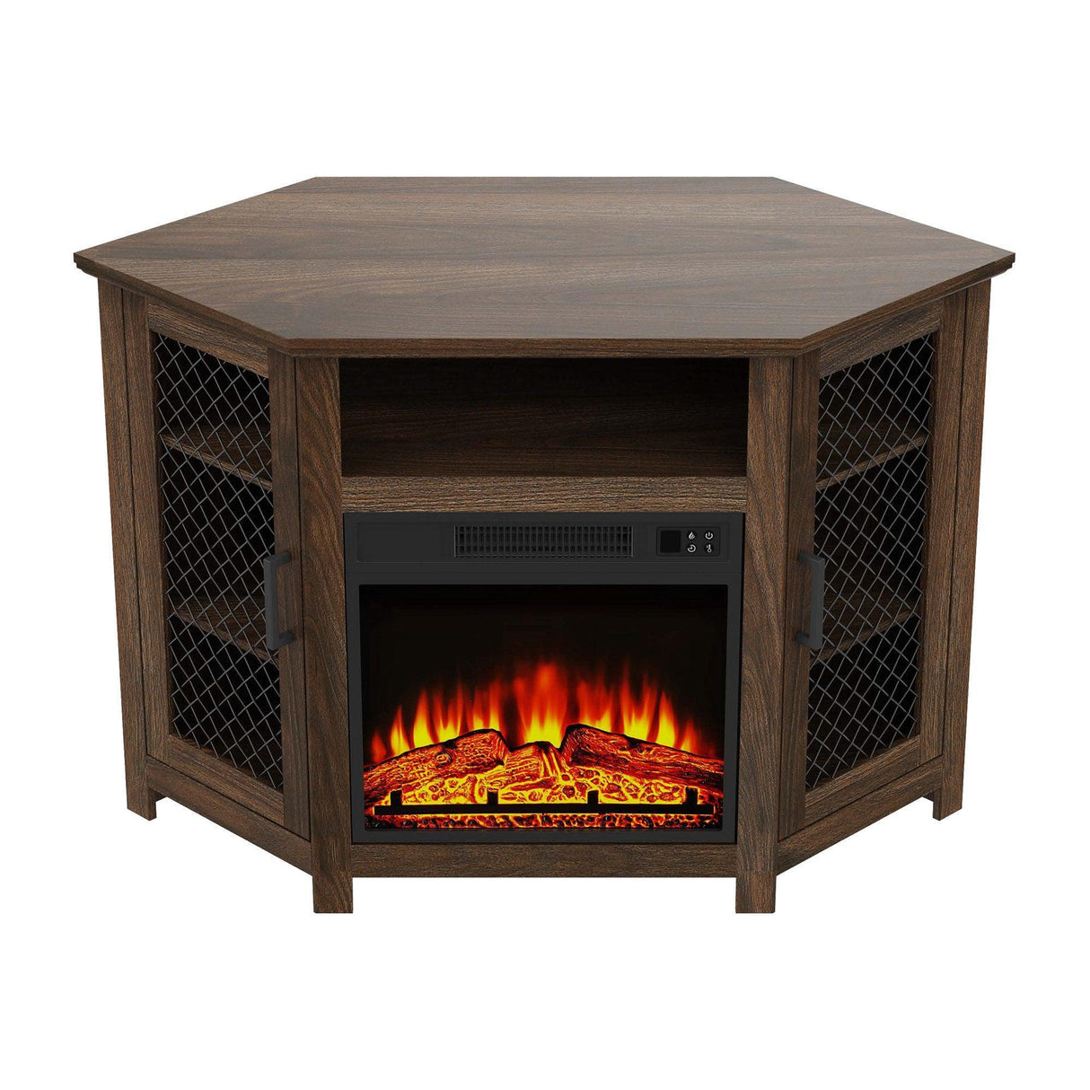 45" Corner Electric Fireplace TV Stands Console Table with 2 Metal Mesh Doors