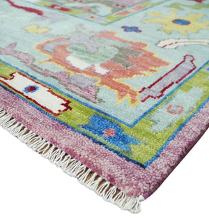 Pink Oushak Rug Wool Blue Colorful Hand knotted Traditional Oushak Custom Made wool Area Rug