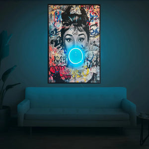 Audrey Hepburn | Pop Art Bubble Gum LED Painting | Modern Street Art Wall Décor