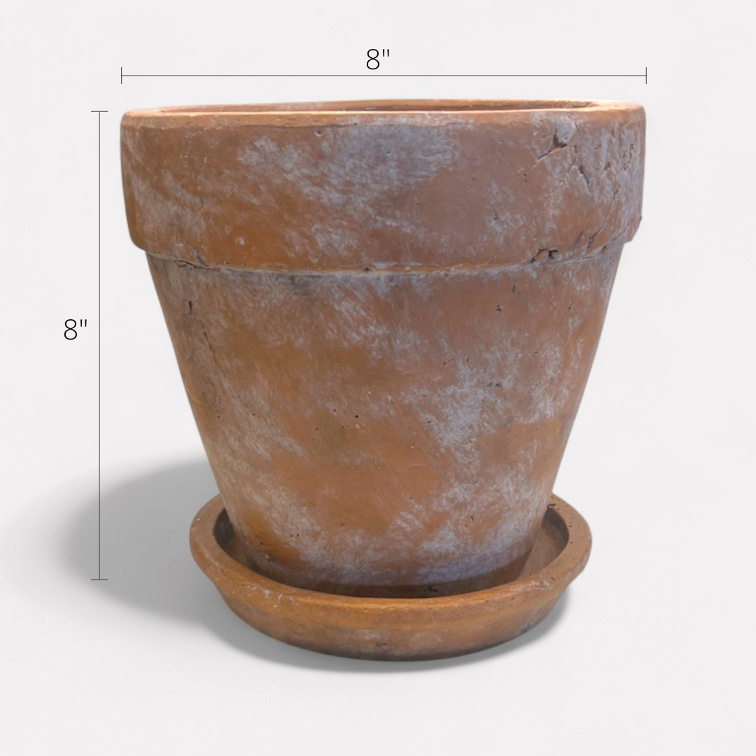 Venice Cement Planter with Dish and Drainage Hole, Handcrafted in Aged Terracotta, Medium & Large