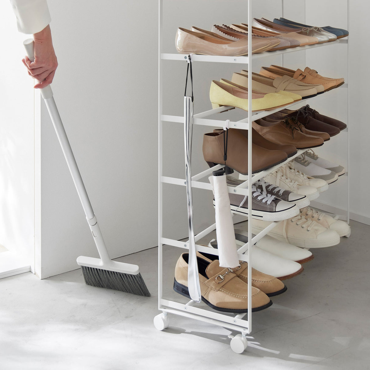 Rolling Five-Tier Shoe Rack (34.25" H)  - Steel + Wood