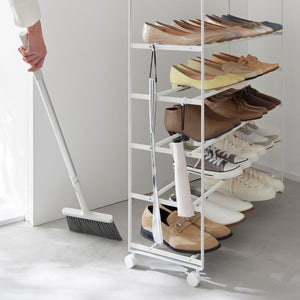 Rolling Five-Tier Shoe Rack (34.25" H)  - Steel + Wood