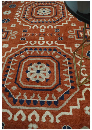 Rust, Ivory and Blue Traditional Mamluk design Hand Knotted Custom Made wool Area Rug