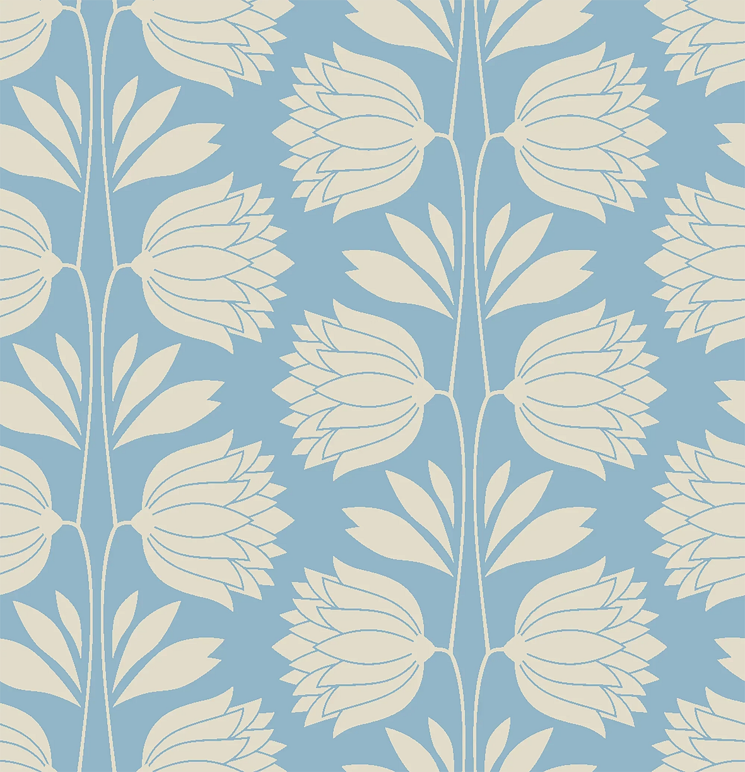 Blue Floral Vintage Wallpaper - Elegant Cream Flower Pattern