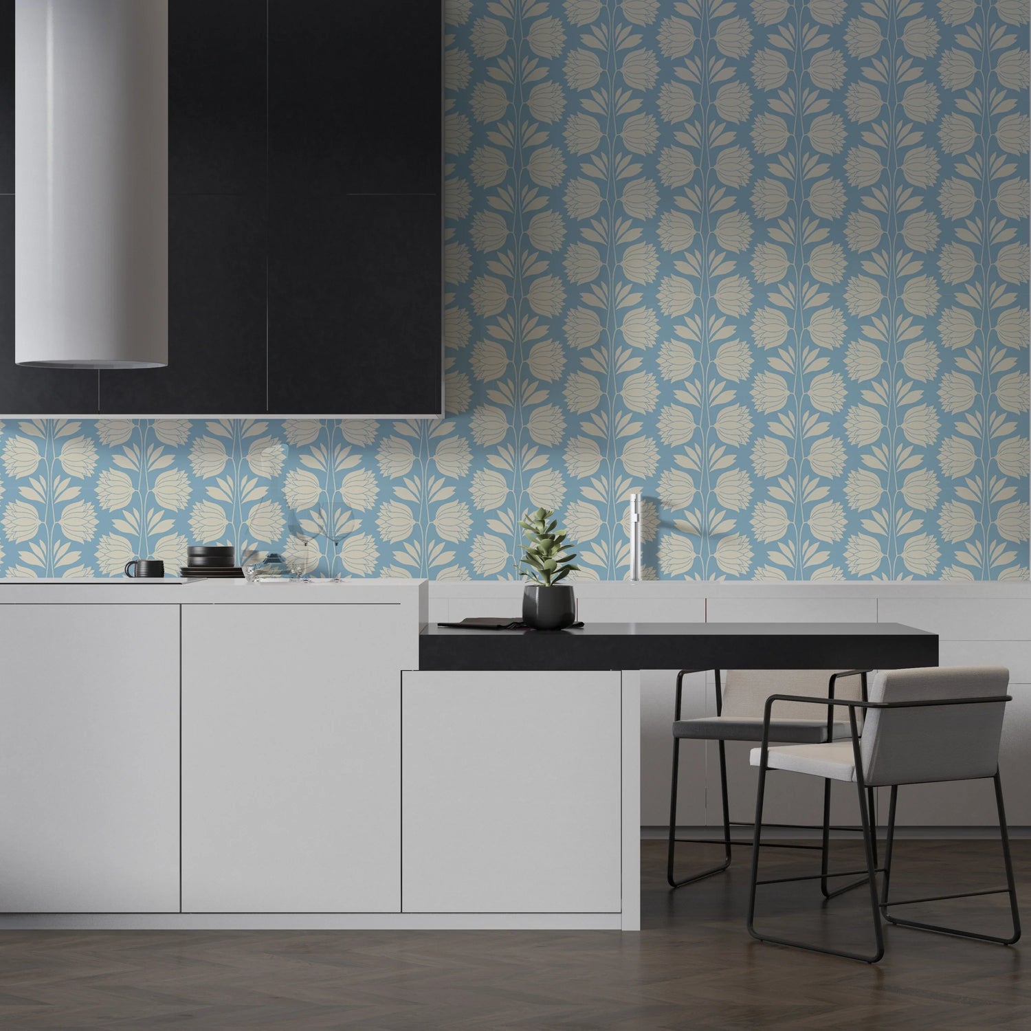 Blue Floral Vintage Wallpaper - Elegant Cream Flower Pattern