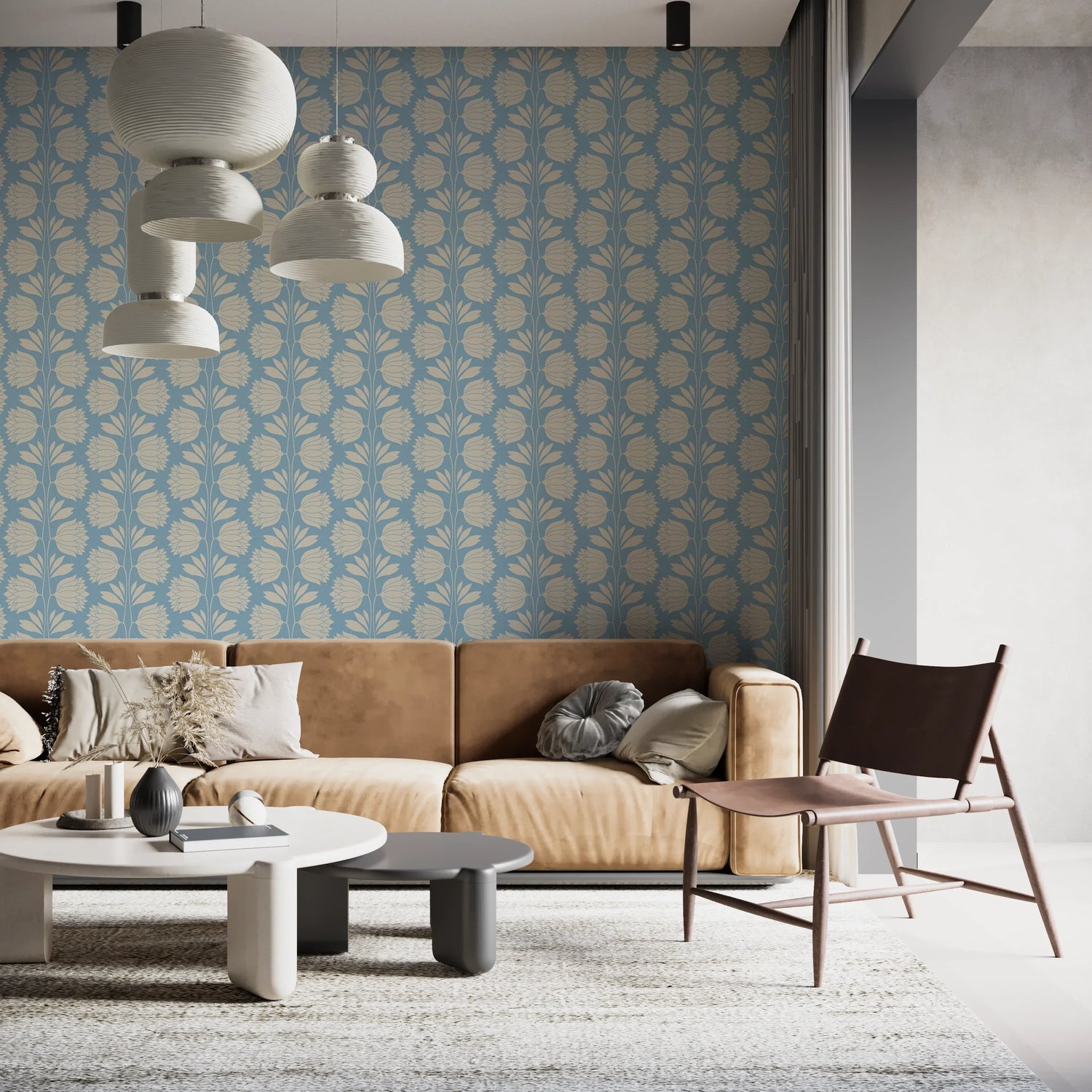 Blue Floral Vintage Wallpaper - Elegant Cream Flower Pattern