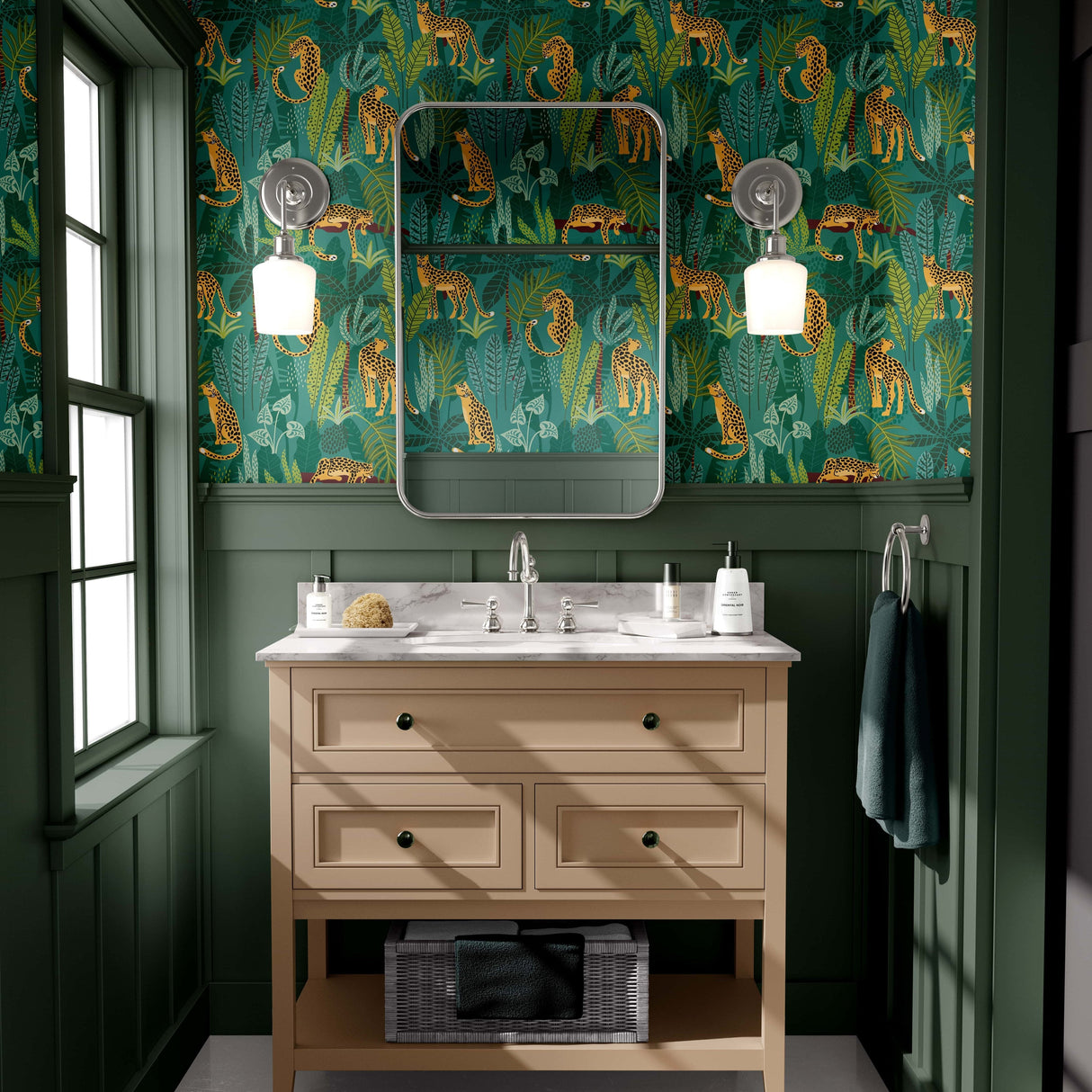 Tropical Leopard Jungle Wallpaper - Bold Leaves & Leopard Print on Green Background
