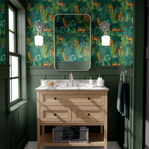Tropical Leopard Jungle Wallpaper - Bold Leaves & Leopard Print on Green Background