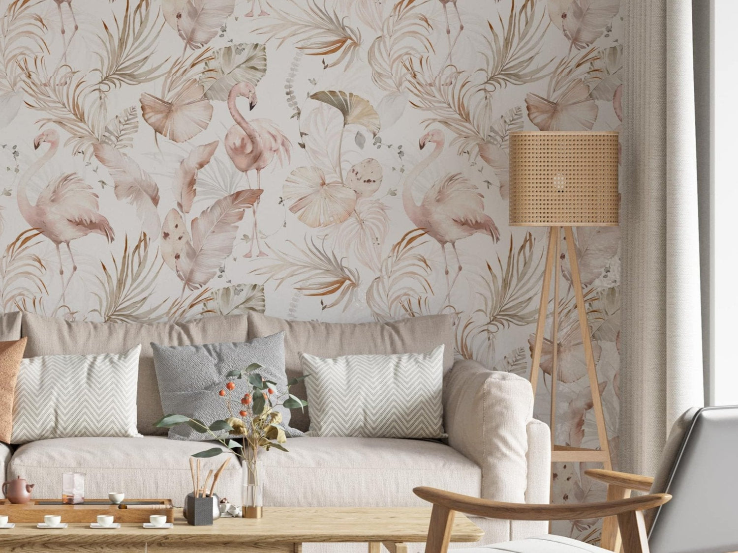 Watercolor Boho Pink Flamingo Wallpaper | Tropical Leaves Background