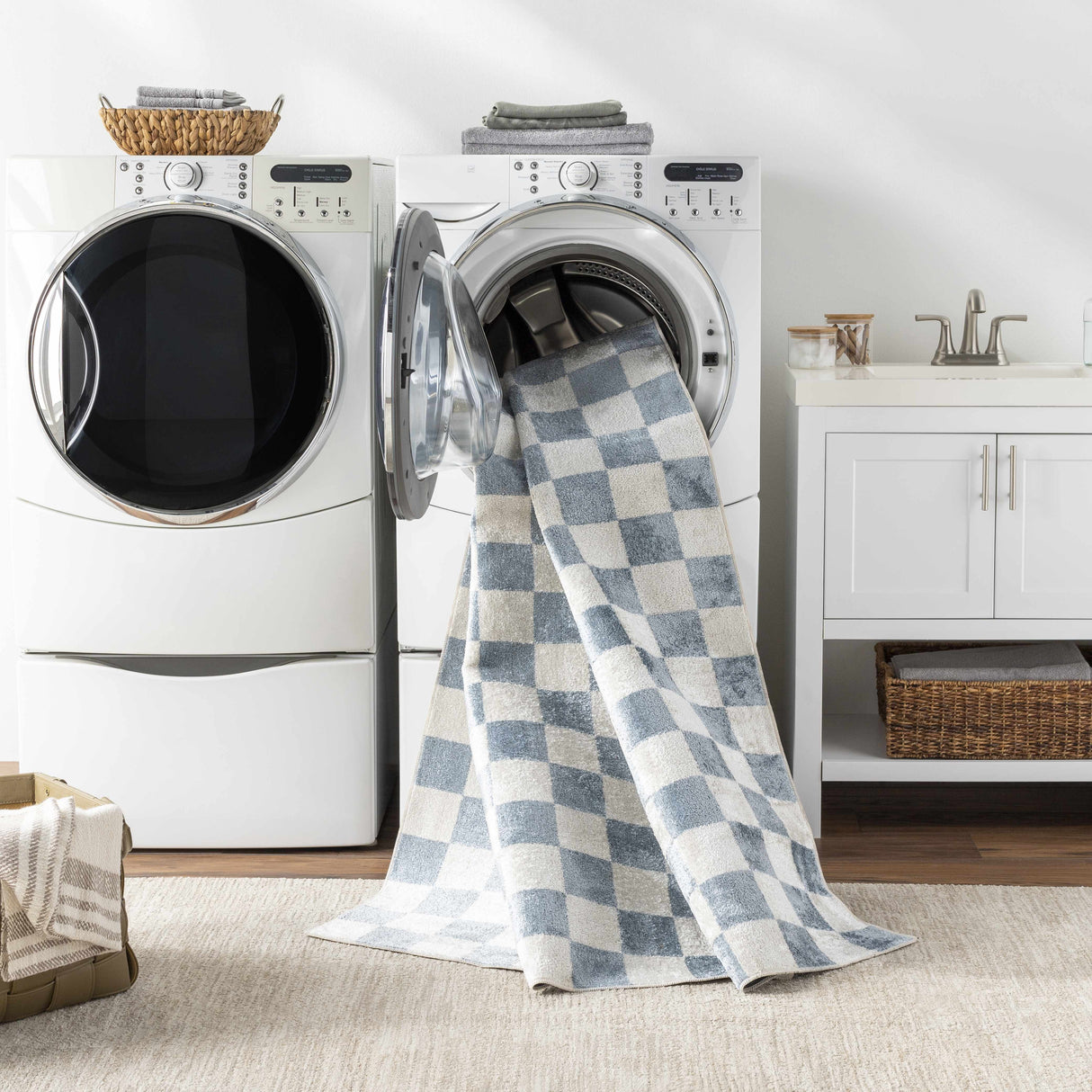 Brone Blue Checkered Washable Rug