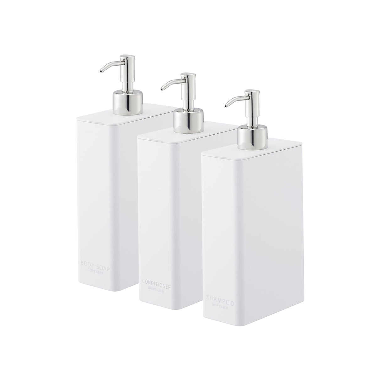 Ensemble distributeur rectangulaire : shampoing, après-shampoing et savon pour le corps