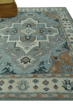 Traditional Heriz Gray and Ivory Floral Hand Knotted Custom Made wool Area Rug