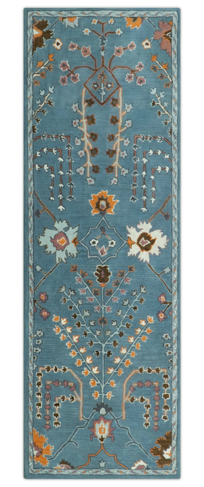 Tree of life Hand Tufted Teal Blue, Brown and Red Traditional Floral Custom Made Wool Area Rug, Kids, Living Room and Bedroom Rug