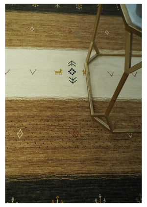 Tribal Gabbeh Gold, Ivory, Blue and Charcoal Stripes design Custom Made Wool Rug