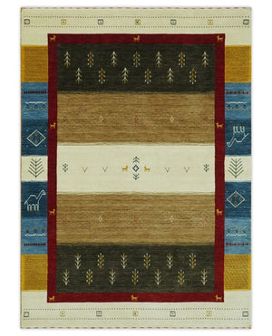Tribal Gabbeh Gold, Ivory, Blue and Charcoal Stripes design Custom Made Wool Rug