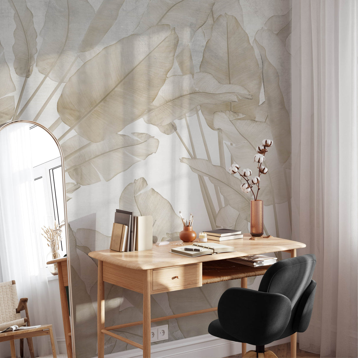 Neutral Toned Banana Leaf Wallpaper Mural