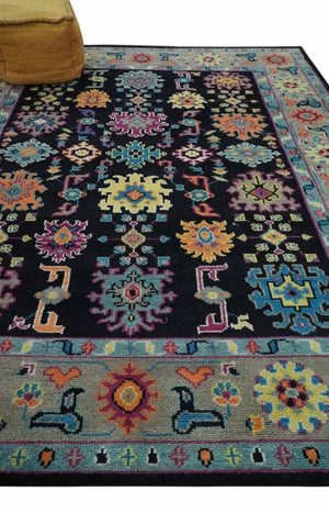 Vibrant Colorful Black, Beige, Purple and Blue Hand Knotted Traditional Oushak Custom Made wool Area Rug