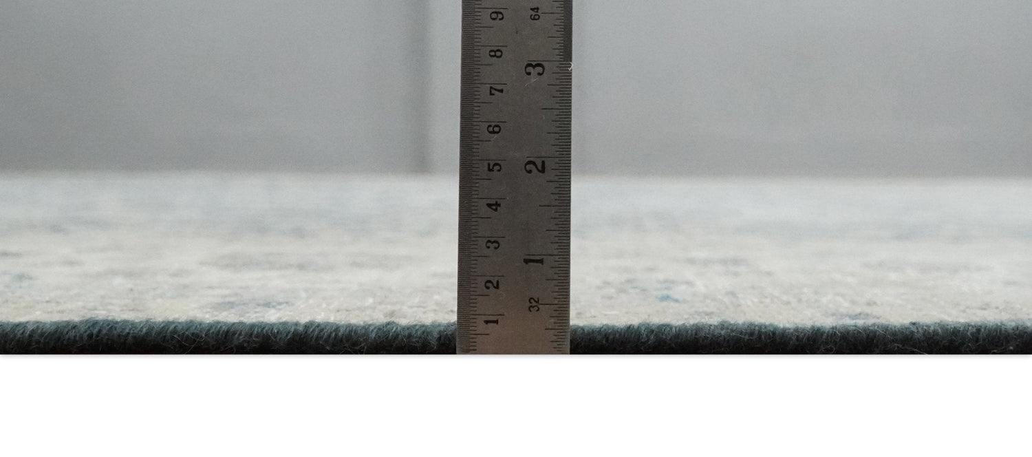 Custom Made Vintage Style Hand Knotted Traditional Blue and Beige Antique Textured Low Pile Distressed Wool Rug