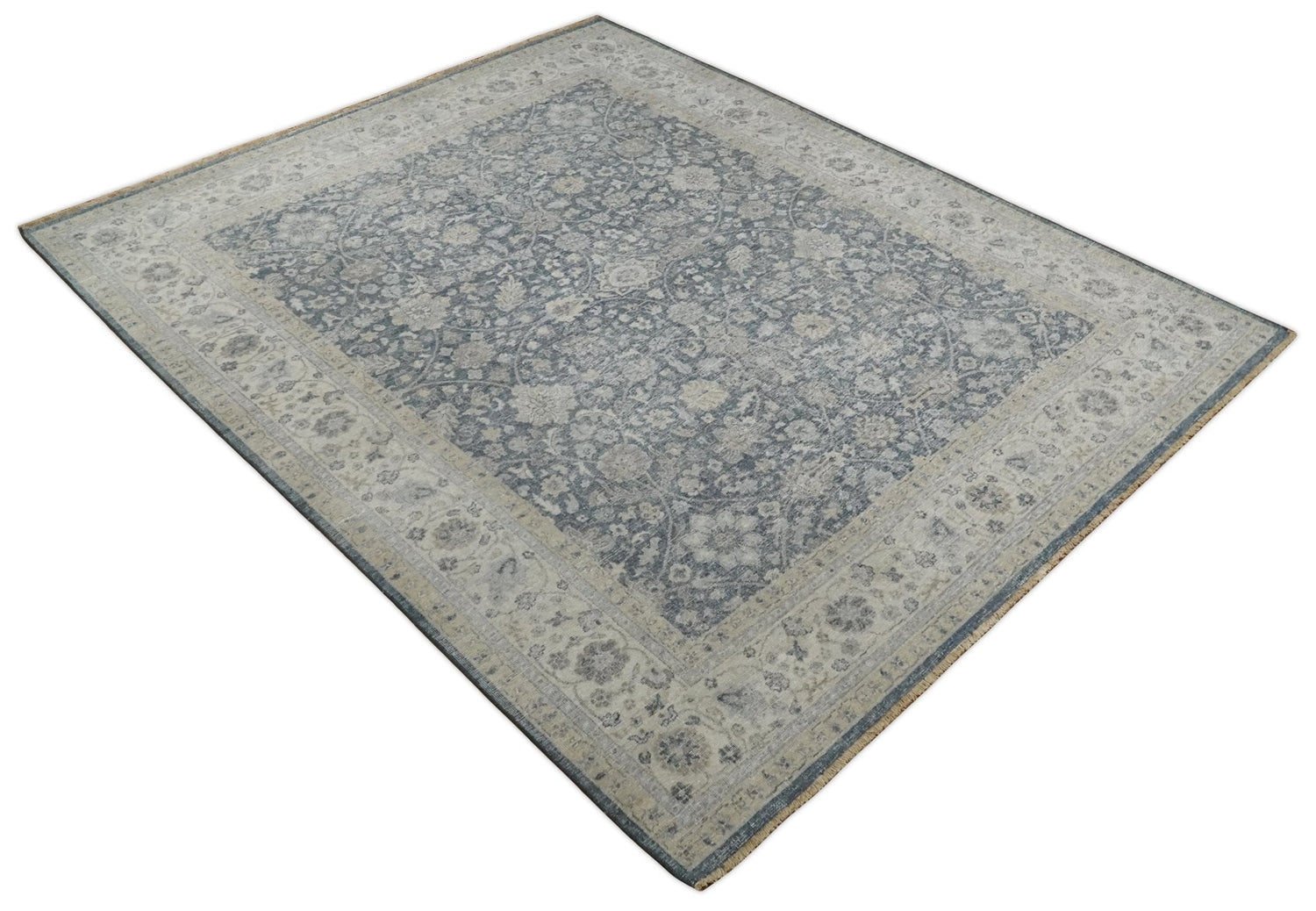 Custom Made Vintage Style Hand Knotted Traditional Blue and Beige Antique Textured Low Pile Distressed Wool Rug