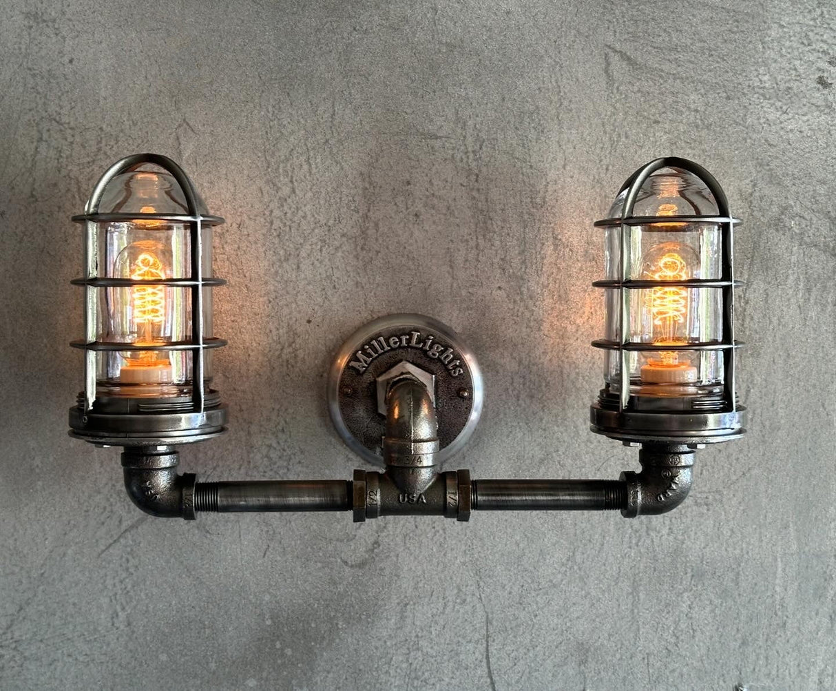 Black Pipe Light - Double Cage Industrial Wall Sconce - The Ironforge